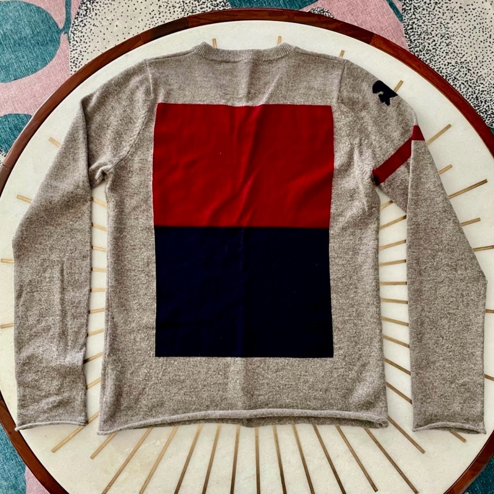 Freecity Crewneck Sweater in Gray and Red with Bold Colorblock